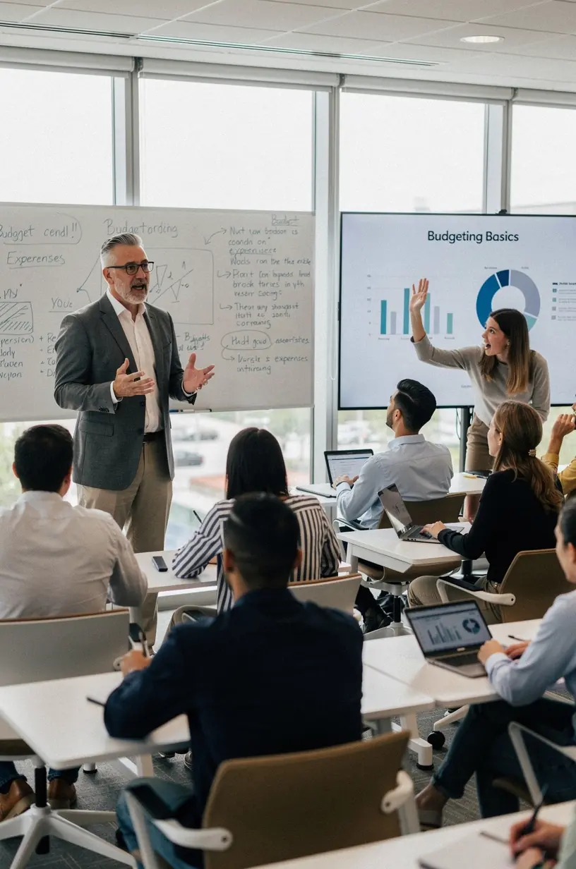 Tanulók jegyzetelnek pénzügyi ismeretekről egy modern tanteremben