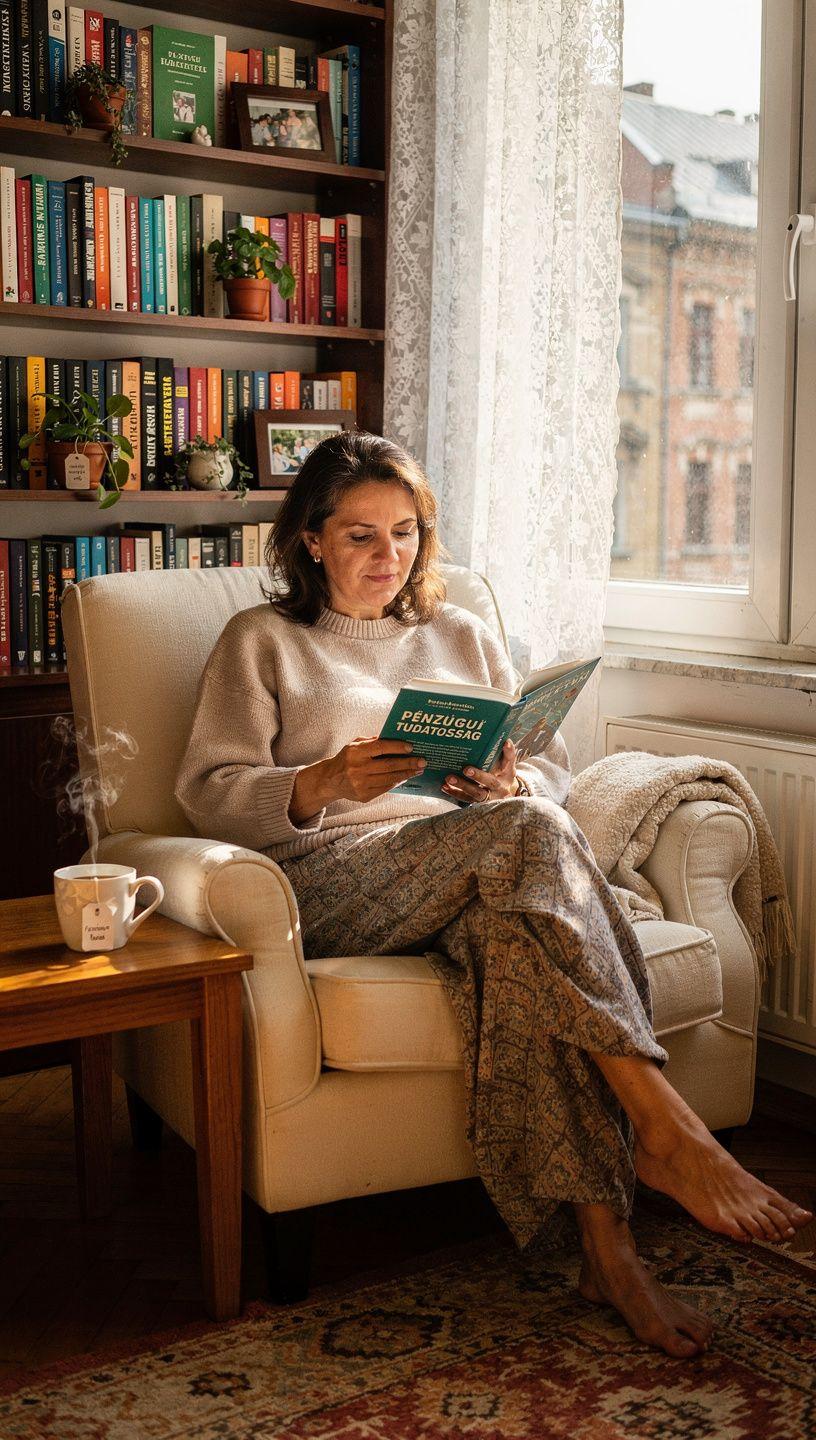 Pénzügyi alapok tanfolyam könyvekkel és online kurzus anyagokkal egy modern íróasztalon, tiszta, rendezett környezetben, amely a pénzügyi tudatosság fejlesztését támogatja.